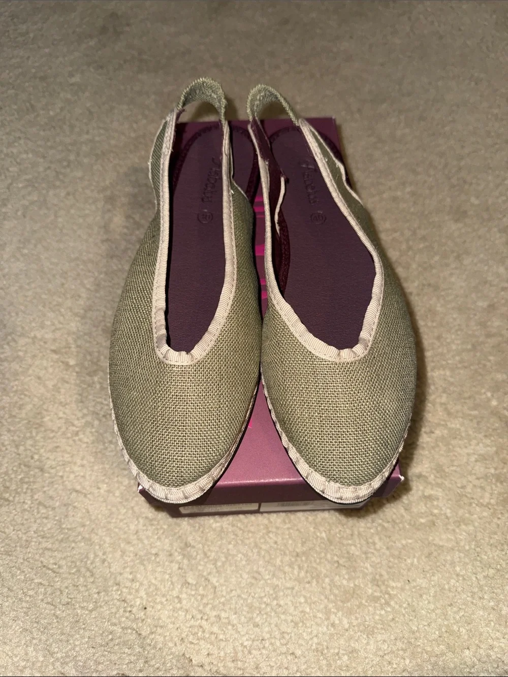 Flabelus Olive Canvas Slingback Flats with Beige Trim - Picture 3 of 7